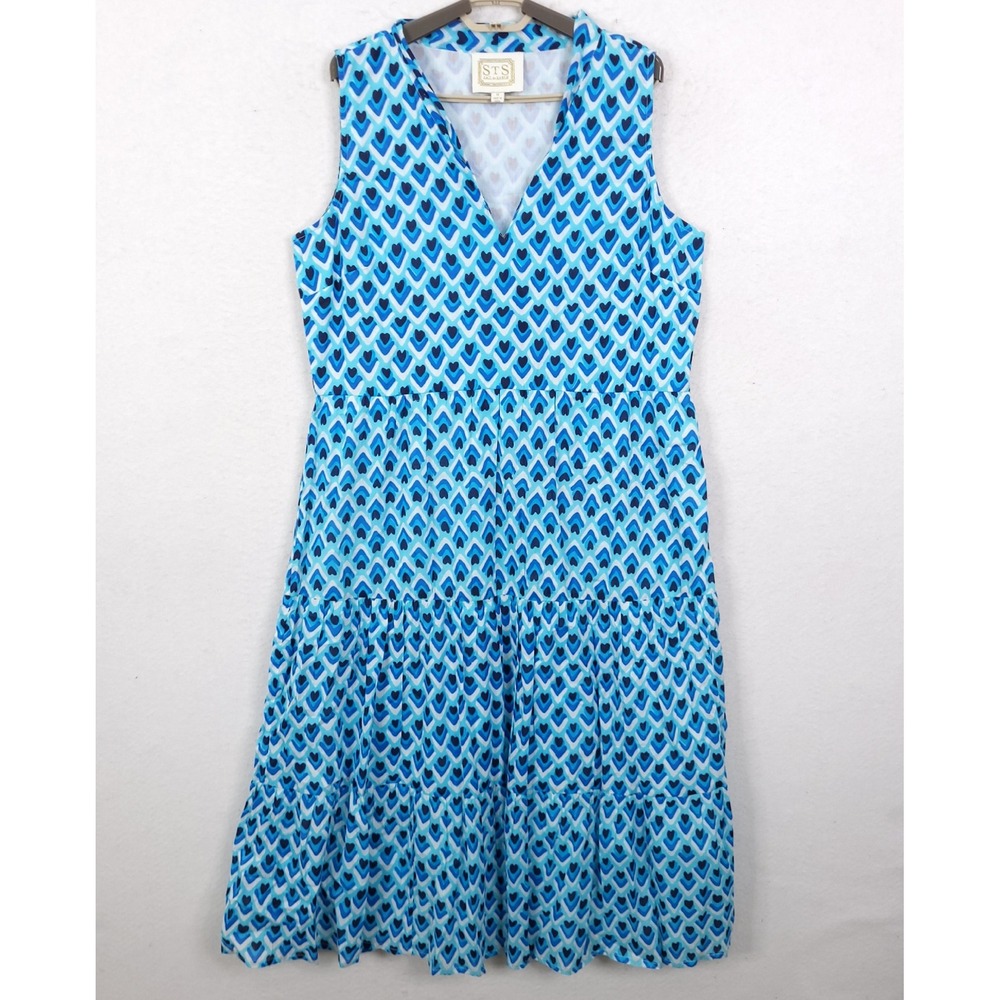 Sail to Sable Midi Dress Women Blue Sz M Peasant Cottage Tiered Vocation Cotton